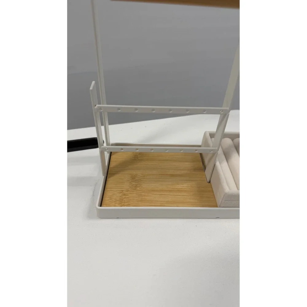 White Metal and Bamboo Jewelry Stand Organizer Necklace Holder Ring Tray